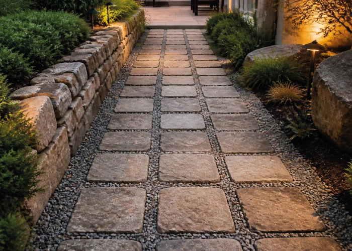 Fachada moderna revestida con pórfido natural en tono rojo mixto